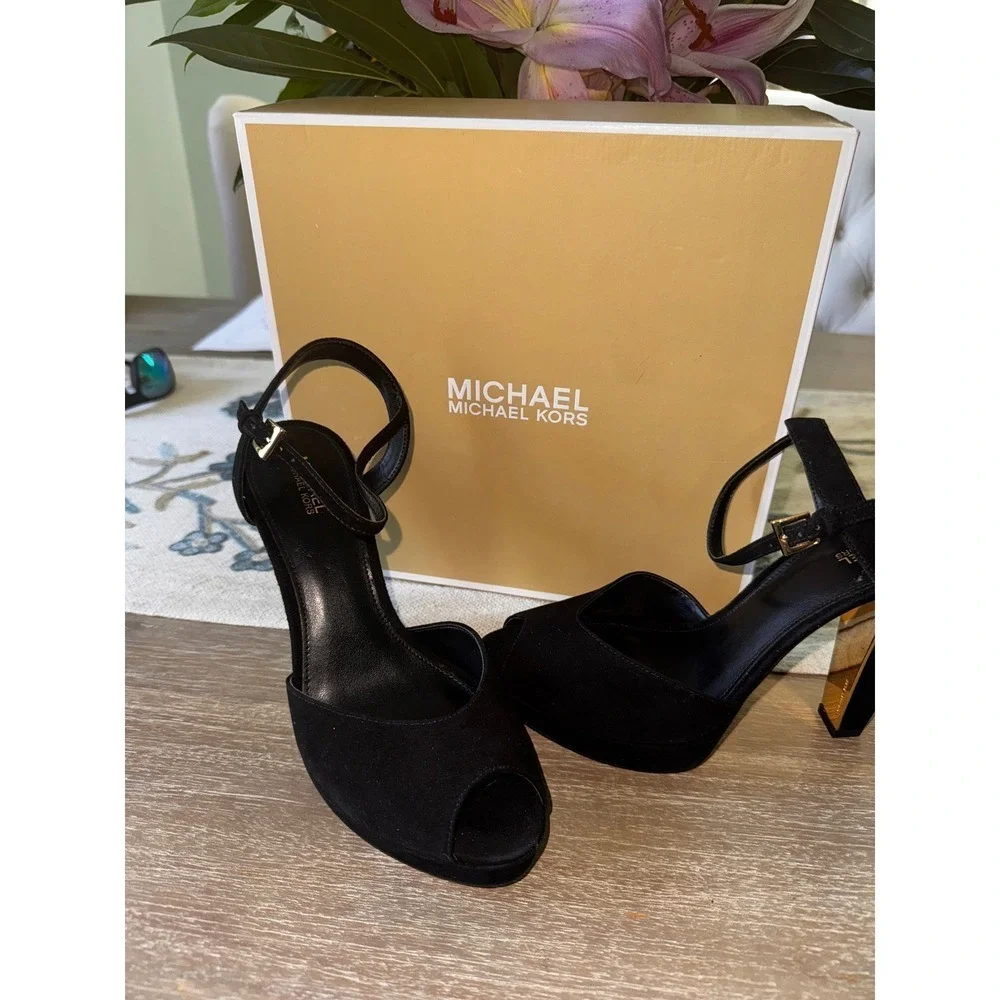 Michael Kors Claire Black Suede Peep Toe Platform Gold‎ Heel Sandals 7M